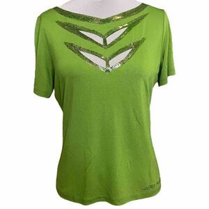 Angelo Marani Green Glitter Vintage Cutout Short Sleeve Tee Y2K 90s Neon Rave St